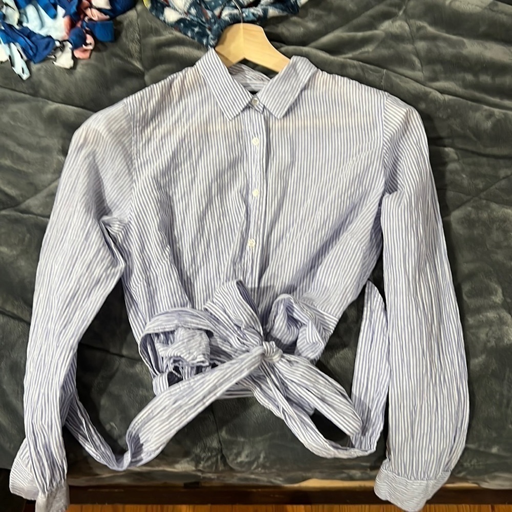 J Crew semisheer cropped button down with attached fabric for bow/tie